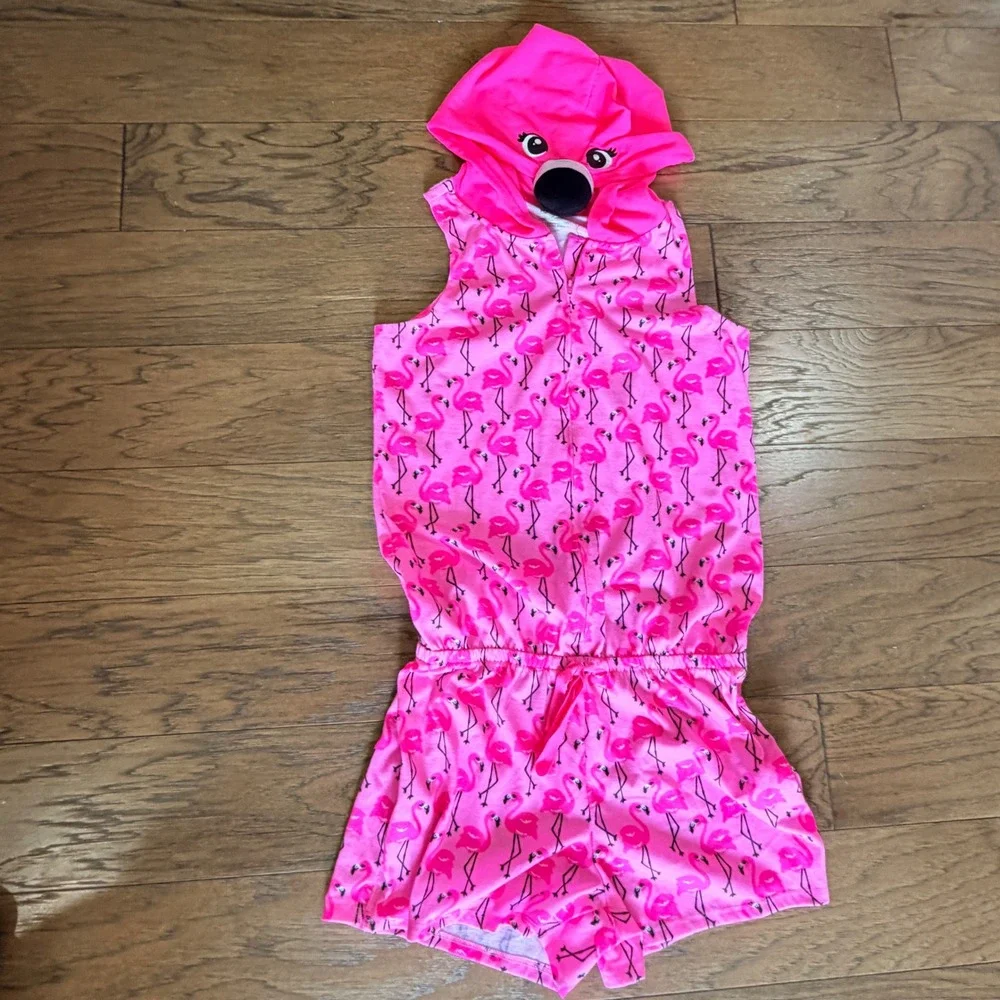 Justice Girls 14/16 Romper Pink Flamingo Hooded Zip Up Sleeveless Animal Novelty